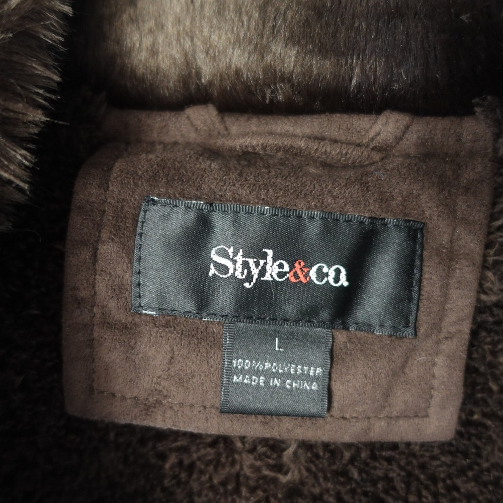Vintage Chocolate Brown Faux Suede Fur Trimmed Jacket Toggle 70s Boho Womens Lg - Picture 4 of 10